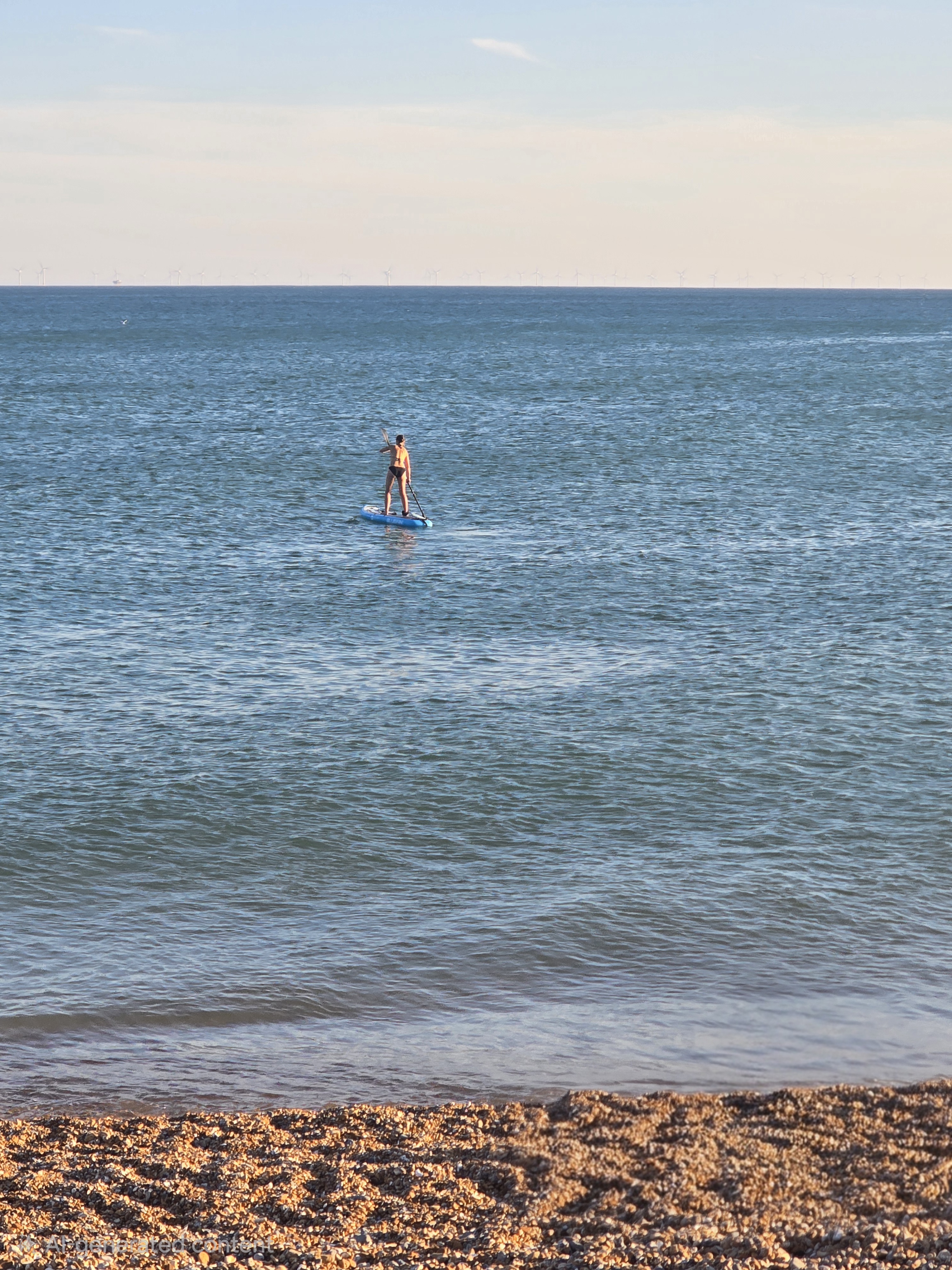 Solo paddleboarder at sunset on calm water